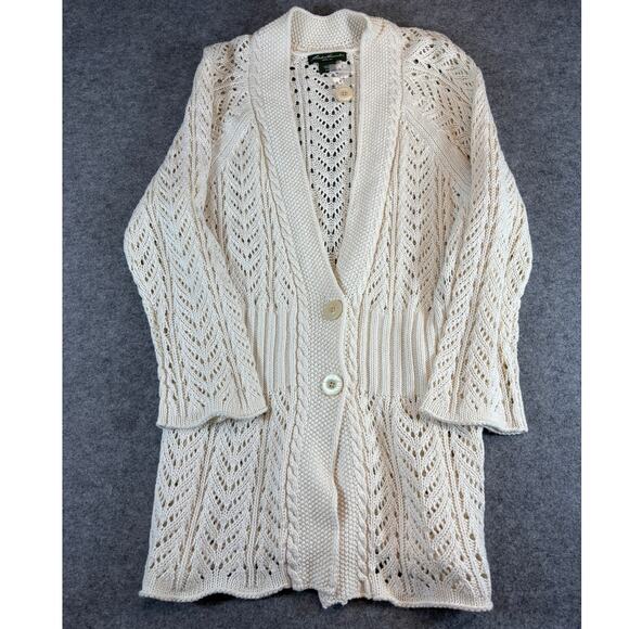 Eddie Bauer Cardigan Sweater Womens 2XW Cream Open Knit Duster Boho Preppy NWOT - Picture 1 of 4